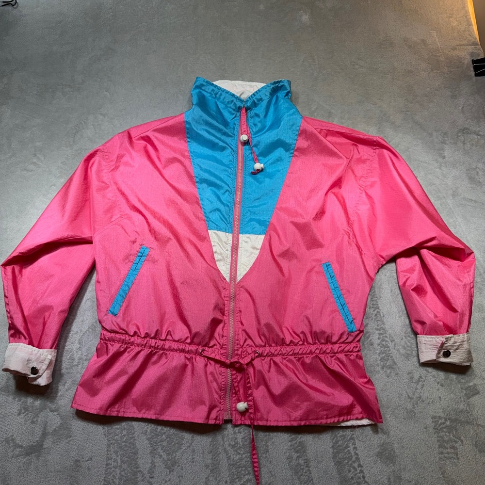Vintage 80s‎ Reversible Windbreaker Pink Teal Colorblock Retro Jacket Womens L